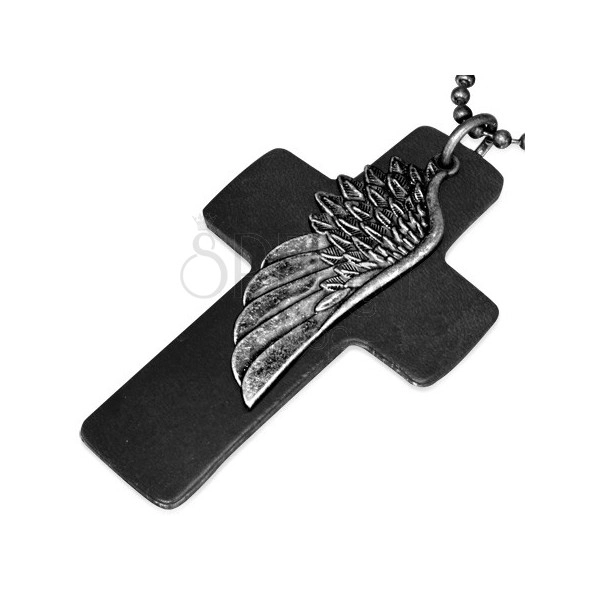 Nyaklánc - fekete bőr kereszt, szárny, matt ezüst színű katonai lánc