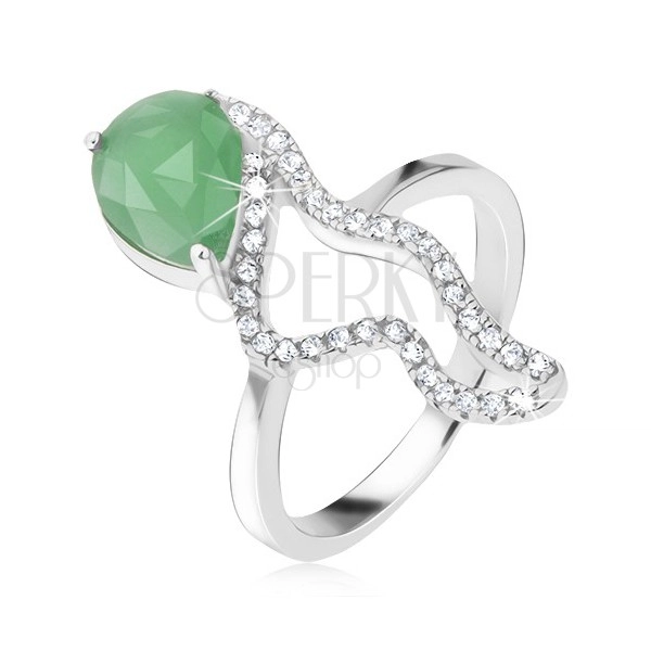 Gyűrű 925 ezüstből - zöld könnycsepp alakú kő, cirkóniás hullámos vonal