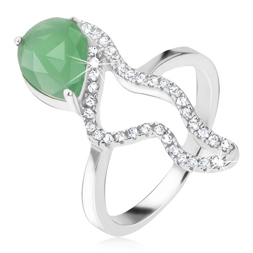 Gyűrű 925 ezüstből - zöld könnycsepp alakú kő, cirkóniás hullámos vonal - Nagyság: 52