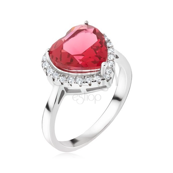Ezüst gyűrű - nagy piros szívecskés kő, cirkóniás körvonal