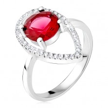 Ezüst gyűrű - kerek piros kő, könnycsepp kontúr cirkóniákból