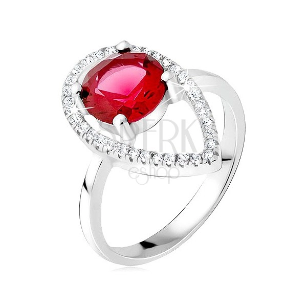 Ezüst gyűrű - kerek piros kő, könnycsepp kontúr cirkóniákból
