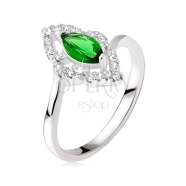 Ezüst gyűrű - elipszis kő zöld színben, cirkóniás kontúr