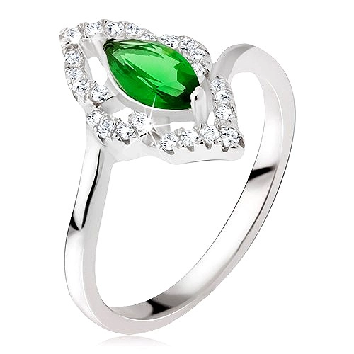 Ezüst gyűrű - elipszis kő zöld színben, cirkóniás kontúr - Nagyság: 50