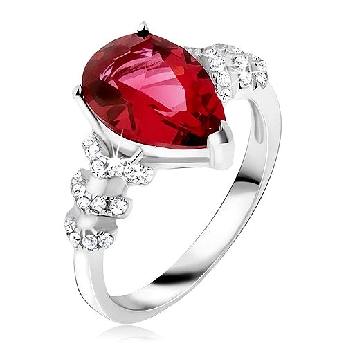 Gyűrű 925 ezüstből - piros könnycsepp alakú kő, átlátszó cirkóniás nyíl - Nagyság: 50