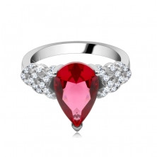 Gyűrű 925 ezüstből - piros könnycsepp alakú kő, átlátszó cirkóniás nyíl