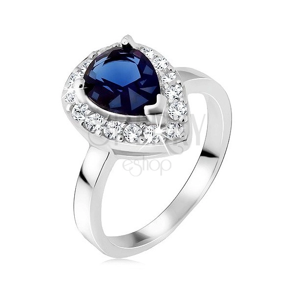 Ezüst gyűrű, kék könnycseppes kő cirkóniás szegéllyel
