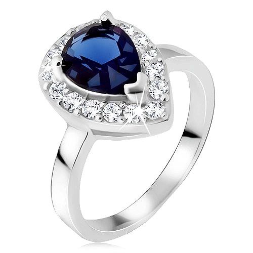 Ezüst gyűrű, kék könnycseppes kő cirkóniás szegéllyel - Nagyság: 51