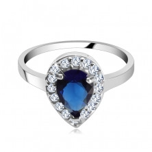 Ezüst gyűrű, kék könnycseppes kő cirkóniás szegéllyel