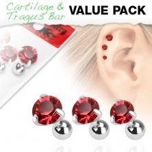 Szett sebészeti acélból - három piercing fülbe, piros cirkónia
