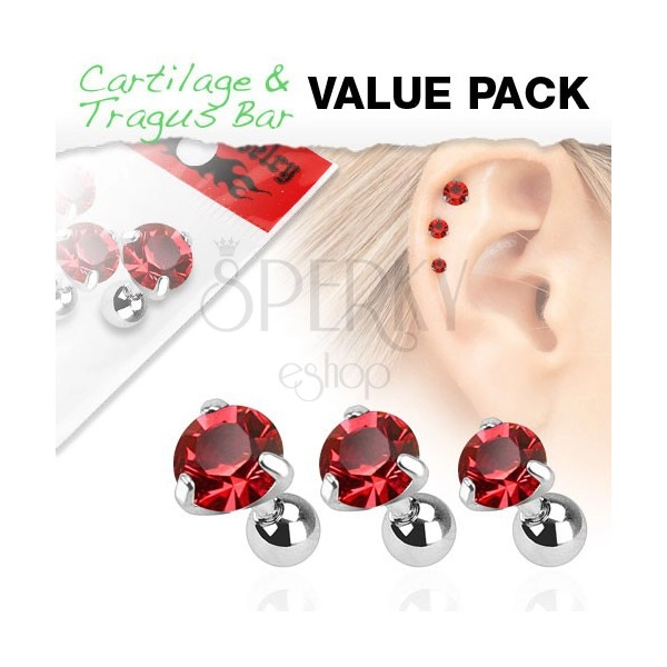 Szett sebészeti acélból - három piercing fülbe, piros cirkónia