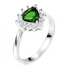 Gyűrű - 925 ezüst, háromszög alakú, zöld kő, átlátszó cirkóniák
