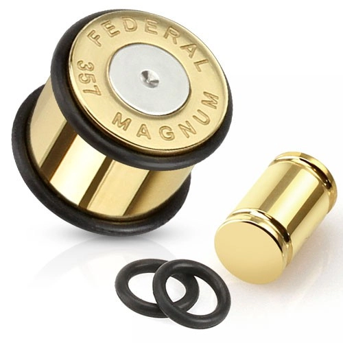 Acél plug fülbe, arany-ezüst színben Magnum töltény - Vastagság: 16 mm