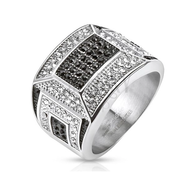Masszív acél gyűrű, fekete-fehér cirkóniás mozaik