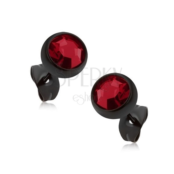 Stekkerzáras fülbevaló acélból, fekete félgömb sötét piros színű kővel