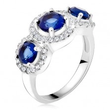 Gyűrű 925 ezüstből, cirkóniás körök, három kék kő