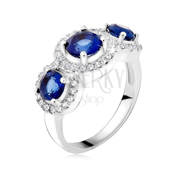 Gyűrű 925 ezüstből, cirkóniás körök, három kék kő