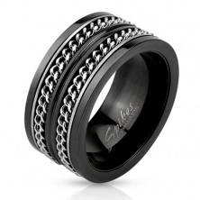 Fekete acél karikagyűrű, két ezüst színű lánc