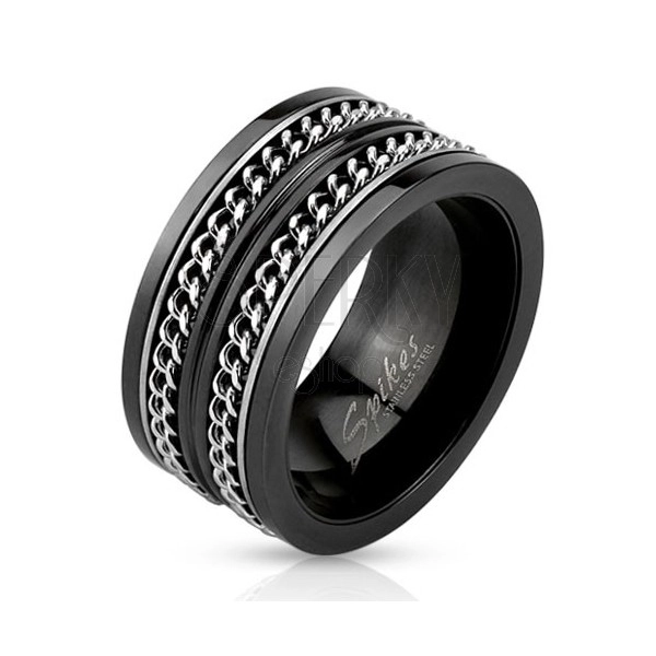 Fekete acél karikagyűrű, két ezüst színű lánc