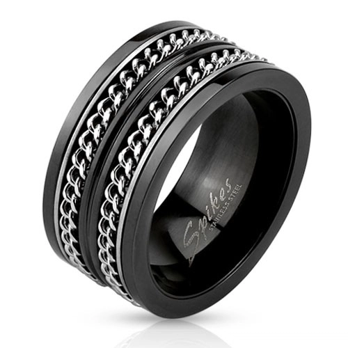 Fekete acél karikagyűrű, két ezüst színű lánc - Nagyság: 67