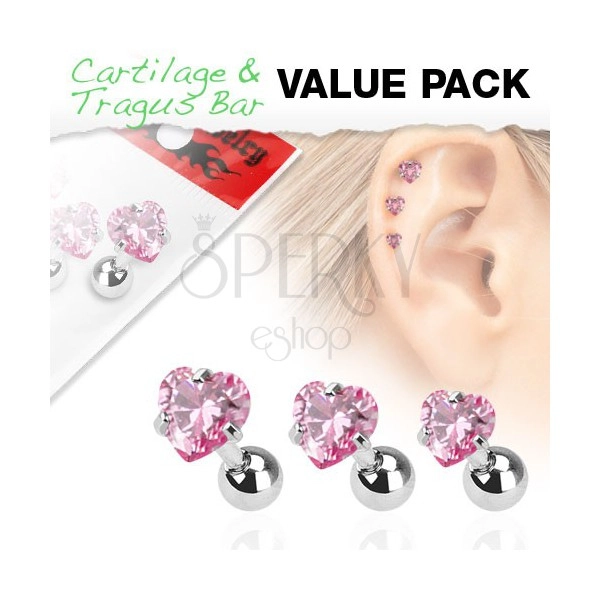 Szett három acél piercingből fülbe, rózsaszín szívecskés cirkónia