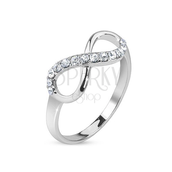 Ezüst gyűrű, végtelen szimbólum átlátszó kövekkel díszítve