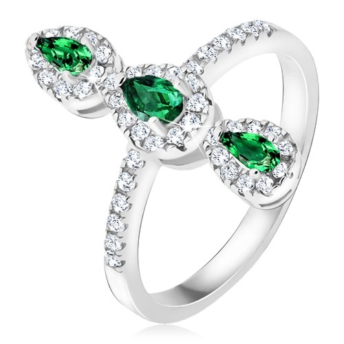 Gyűrű 925 ezüstből, három zöld könnycsepp alakú kő, cikróniás keret - Nagyság: 63