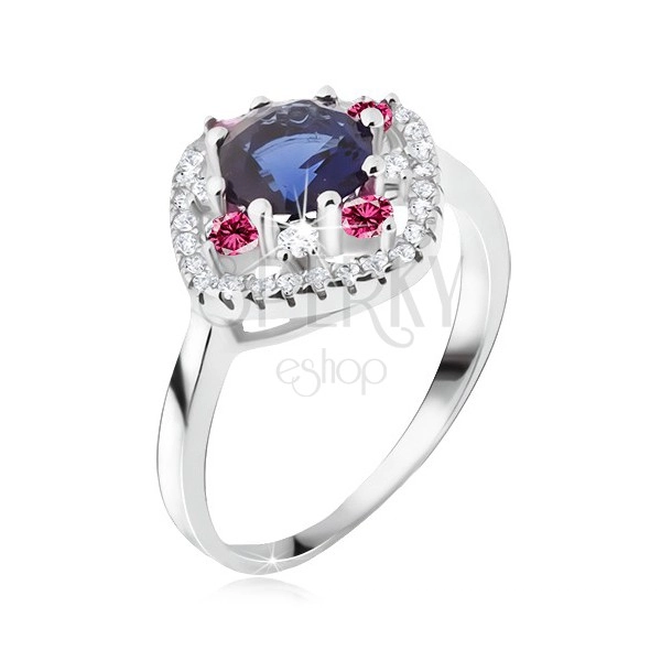 Gyűrű 925 ezüstből, kék kerek cirkónia, átlátszó és rózsaszín kövek