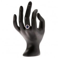 Gyűrű 925 ezüstből, kék kerek cirkónia, átlátszó és rózsaszín kövek