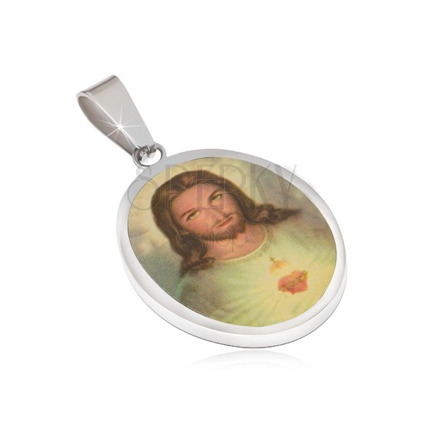 Ovális, acél  medál, Jézus portré fénymázzal leöntve