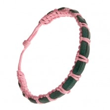 Fonott rózsaszín karkötő, a felületén, két, sötétzöld sáv bőrből