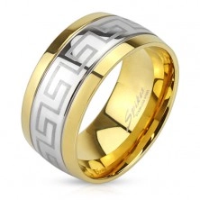 Acél gyűrű, görög kulcs minta, arany színű szegélyek