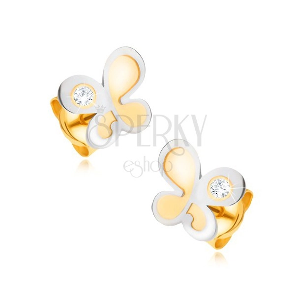 Fülbevaló 14K aranyból - kétszínű lepke kerek átlátszó cirkóniával