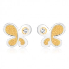 Fülbevaló 14K aranyból - kétszínű lepke kerek átlátszó cirkóniával