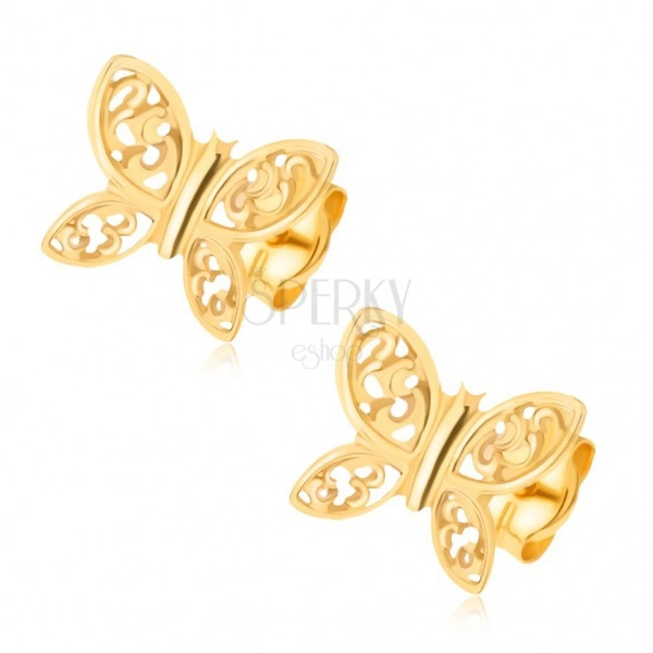 Fülbevaló 14K sárga aranyból - csillogó pillangók, filigrán díszítés