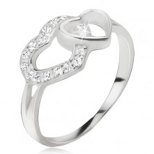 Szívecskés gyűrű, cirkóniás és sima szív körvonal, 925 ezüst