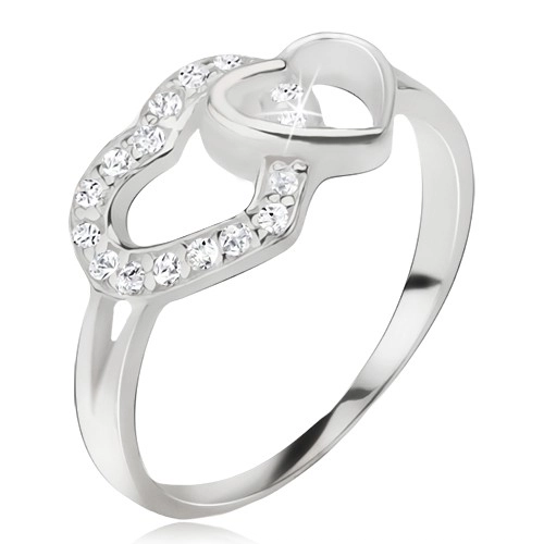 Szívecskés gyűrű, cirkóniás és sima szív körvonal, 925 ezüst - Nagyság: 51