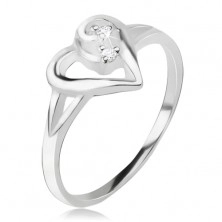 Szívecskés gyűrű, aszimetrikus szív körvonal, átlátszó kövek, 925 ezüst