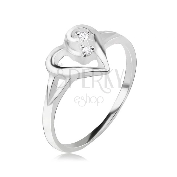 Szívecskés gyűrű, aszimetrikus szív körvonal, átlátszó kövek, 925 ezüst