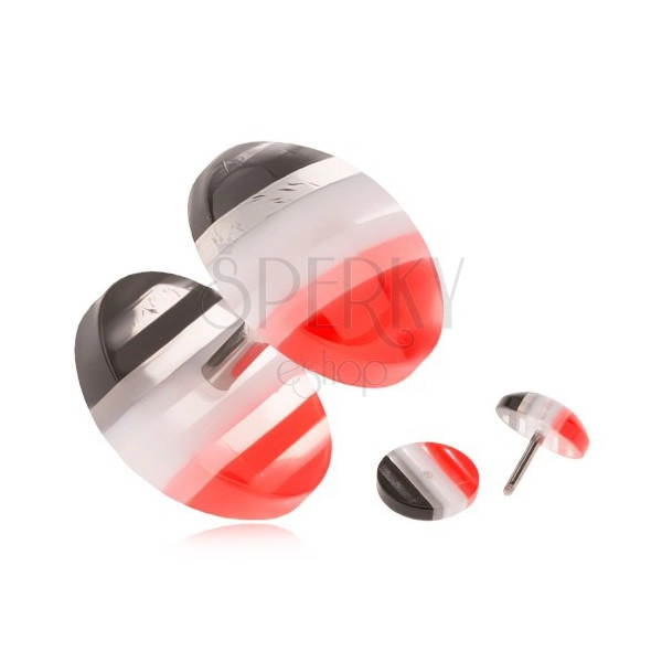 Fake plug akrylból, kidomborodó kerekek, piros, fehér és fekete sávok