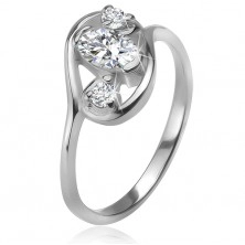 Cirkóniás gyűrű, elipszis körvonal, három, átlátszó, csiszolt kő, 925 ezüst