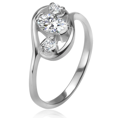 Cirkóniás gyűrű, elipszis körvonal, három, átlátszó, csiszolt kő, 925 ezüst - Nagyság: 59