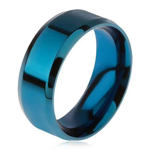 Fényes, acél gyűrű, kék színben, lemetszett szélek - Nagyság: 56