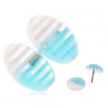 Fake plug fülbe akrylból, átlátszó kerekek, fehér és kék sávok