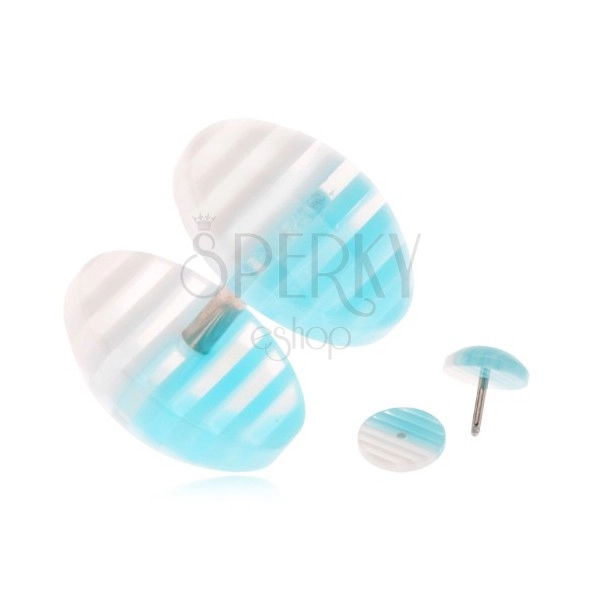 Fake plug fülbe akrylból, átlátszó kerekek, fehér és kék sávok