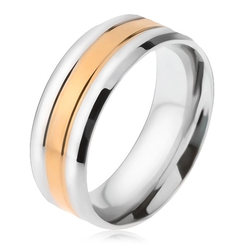 Acél gyűrű, egy aranyozott és két ezüst színű sáv, ferde szélek - Nagyság: 59