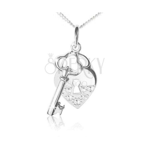 Nyaklánc 925 ezüstből, lánc, szív és kulcs alakú medál, átlátszó kövek