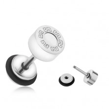 Hamis plug fülbe, acélból, görög kulcs, fehér kör, 6 mm