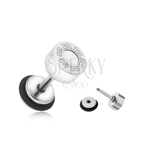 Hamis plug fülbe, acélból, görög kulcs, fehér kör, 6 mm