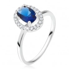 Gyűrű 925 ezüstből, ovális kék kő cirkóniás kerettel